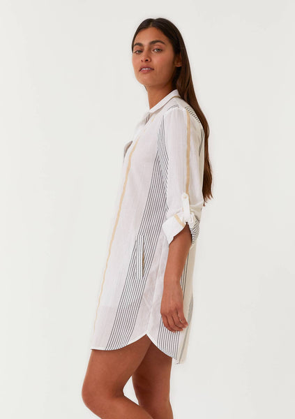 Yarn Dye Striped Collared Mini Shirt Dress: M / White/Gold