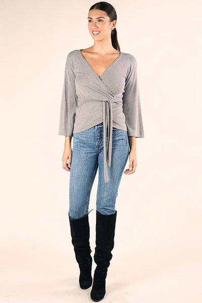 Dressy Wrap Bell Sleeve Pullover Sweater: S / Heather Stone