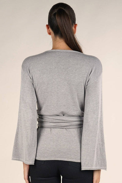 Dressy Wrap Bell Sleeve Pullover Sweater: L / Heather Stone