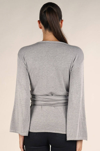 Dressy Wrap Bell Sleeve Pullover Sweater: M / Heather Stone
