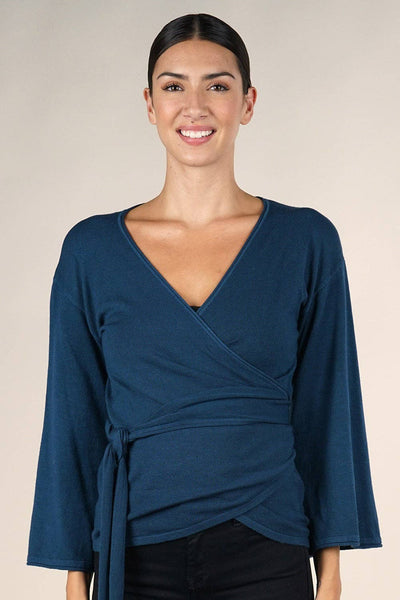 Dressy Wrap Bell Sleeve Pullover Sweater: L / Heather Stone