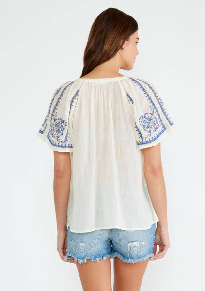 Embroidered Raglan Short Sleeve Split Neck Top: L / Natural/Blue