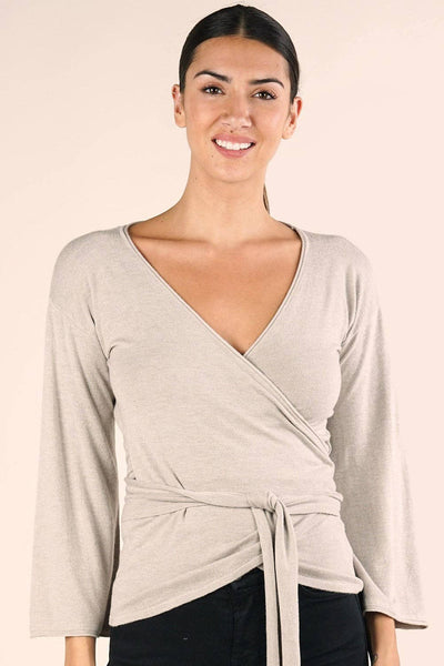 Dressy Wrap Bell Sleeve Pullover Sweater: L / Heather Stone