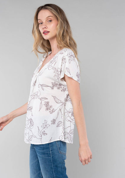 Floral Short Dolman Sleeve Button Front Top: S / Natural/Taupe