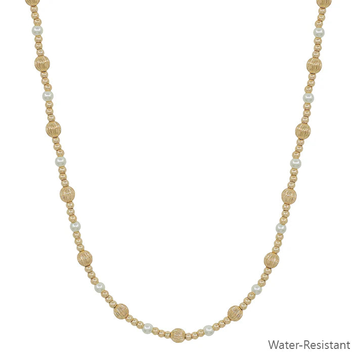 Water Resistant 4mm Gold & 2mm Peral Beaded 16"-18" Necklace