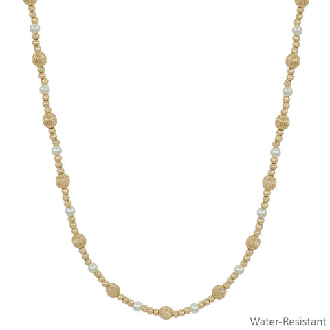 Water Resistant 4mm Gold & 2mm Peral Beaded 16"-18" Necklace