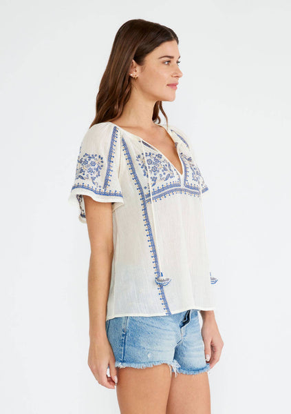 Embroidered Raglan Short Sleeve Split Neck Top: L / Natural/Blue