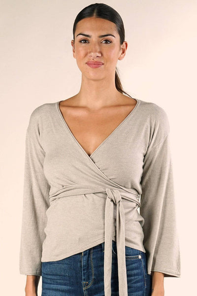 Dressy Wrap Bell Sleeve Pullover Sweater: L / Heather Stone