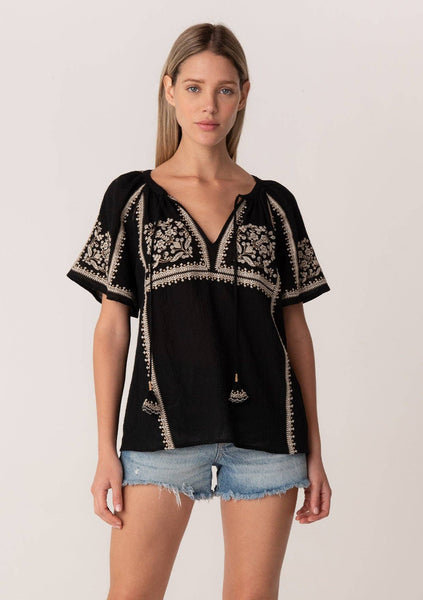 Embroidered Raglan Short Sleeve Split Neck Top: M / Natural/Blue