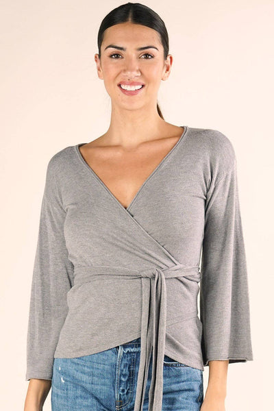 Dressy Wrap Bell Sleeve Pullover Sweater: S / Heather Stone