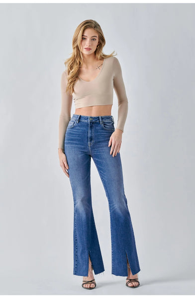 Annie Medium Wash Front Slit Flare