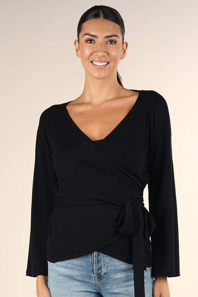 Dressy Wrap Bell Sleeve Pullover Sweater: M / Dk Sapphire