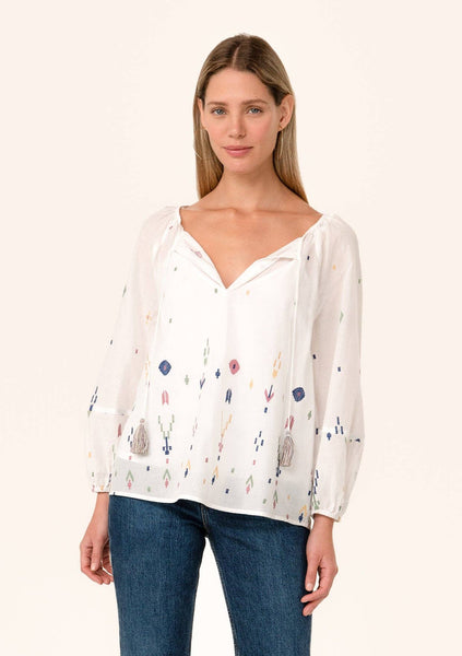 Sheer Embroidered Long Sleeve Tie Neck Blouse: M / Natural/Olive