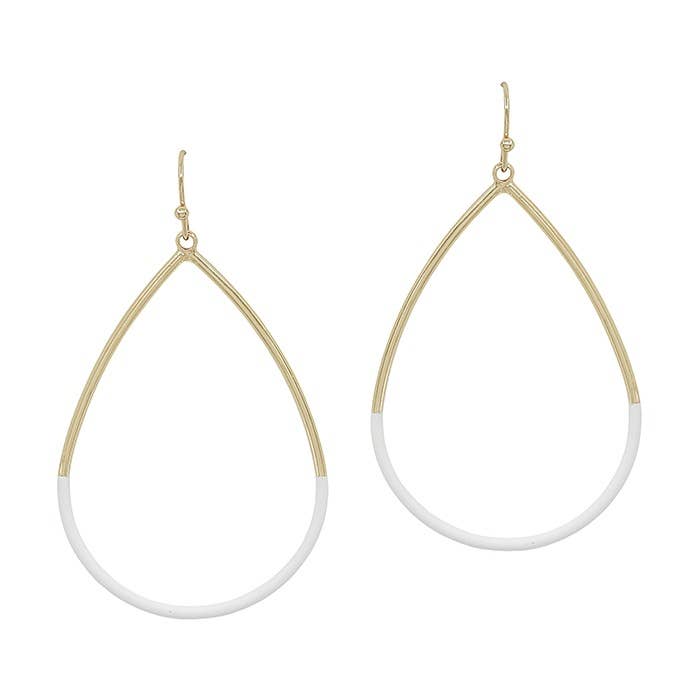 White Color Coated Metal and Gold Teardrop 2" Earring