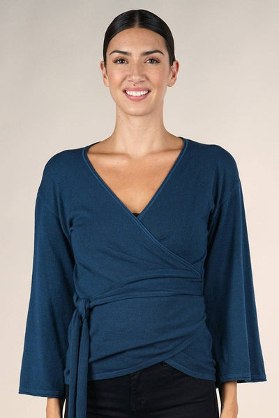 Dressy Wrap Bell Sleeve Pullover Sweater: M / Dk Sapphire