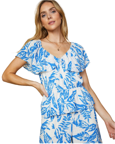 Blue Floral Ruffle Blouse
