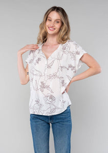 Floral Short Dolman Sleeve Button Front Top: S / Natural/Taupe